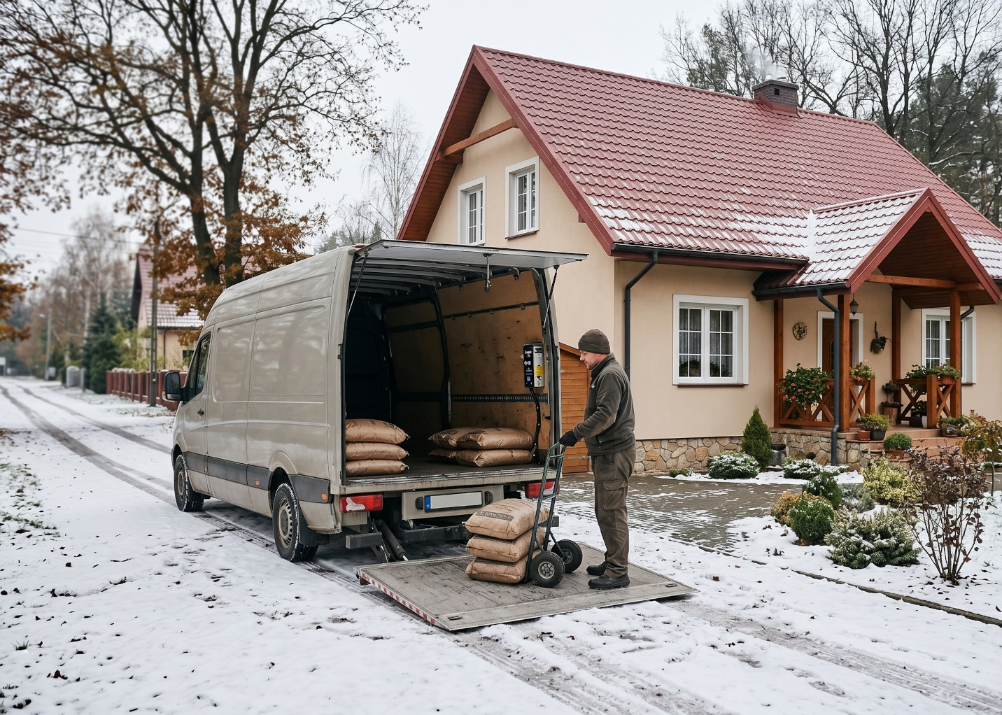 Dostawca rozładowuje worki pelletu z beżowego vana na windę za pomocą wózka ręcznego na ośnieżonej drodze przed budynkiem mieszkalnym.